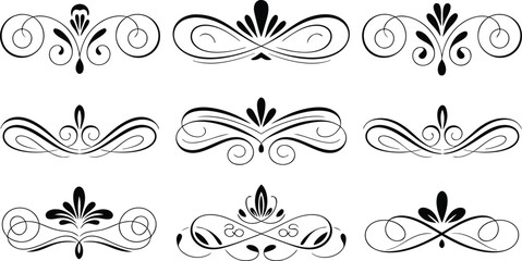 Nine Black Swirl and Floral Decorative Elements vector