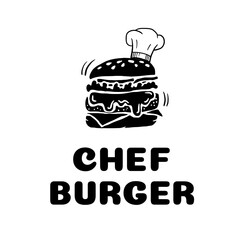 Burger silhouette with melting layers and a chef hat, labeled ideal for menus, branding, stickers, or foodie humor