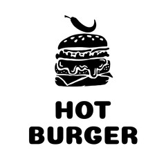 Monochrome vector illustration of a spicy burger with melting cheese, sesame bun, lettuce and chili pepper topper. Flat minimal style ideal for food branding, menus and logos.