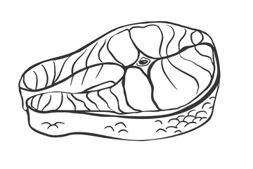 Black and white silhouette of a raw fish steak with scale and bone details; great for packaging, seafood menus, cooking blogs, icons, or culinary prints.