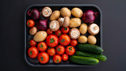 Fresh vegetables in black tray: potatoes, tomatoes, onions, mushrooms, cucumbers