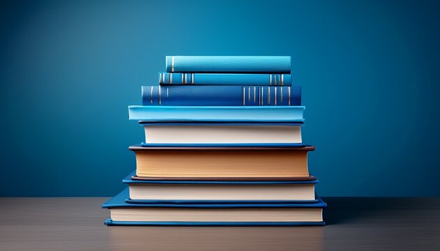 a stack of books with the top one being blue