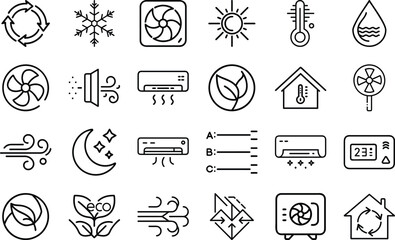 air conditioning and climate control black line icon set