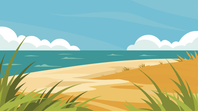 Scenic beach landscape with grass and sea under blue cloudy sky illustration