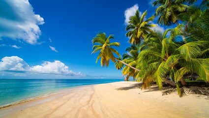 Obraz premium Tropical beach scene palm trees white sand blue ocean free beach background