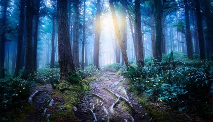 Obraz premium a mystical path through an illuminated forest