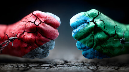 Obraz premium Close-up of bold, cracked fists in red and green, embodying tension and unity.