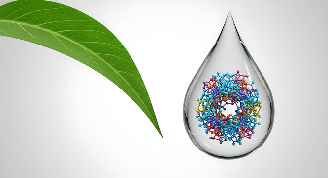 A powerful conceptual image illustrating the link between nature and science. A vibrant, fresh green leaf is positioned next to a perfectly clear droplet of water