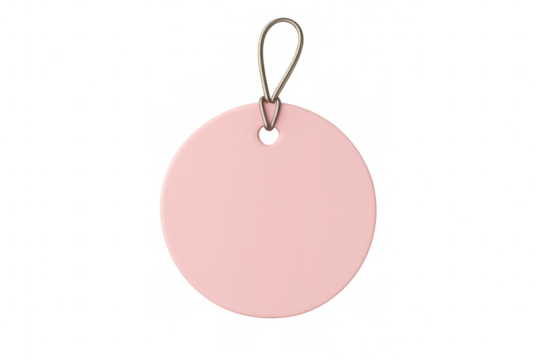 Pink circular label dangling from metallic string against transparent backdrop, available for branding purposes