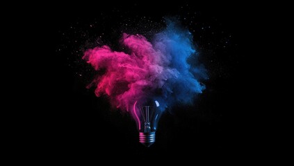 A lightbulb surrounded by vibrant pink and blue powder explosion