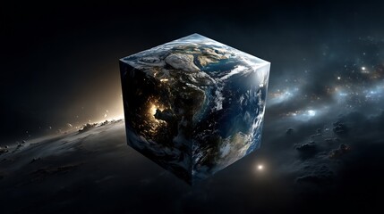 Fototapeta premium Conceptual representation of earth as a cube floating in the vastness of space
