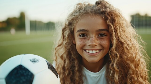 A cheerful young girl with curly hair poses confidently with a soccer ball, embodying the spirit of sportsmanship, joy, and the importance of physical activity in childhood.