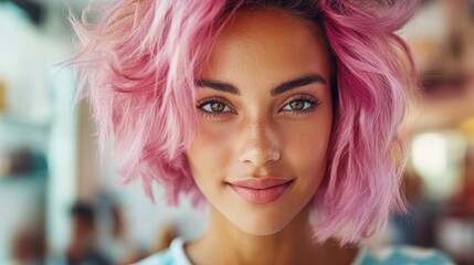 Naklejka premium A close-up portrait of a woman with lively pink hair and radiant eyes, exuding confidence and capturing the essence of modern beauty and self-expression.
