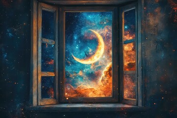 A mystical window with a view of a distant galaxy, featuring a crescent moon and swirling cosmic colors