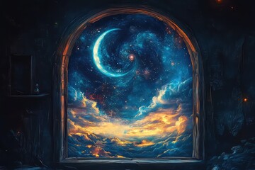 Fototapeta premium A mystical window with a view of a distant galaxy, featuring a crescent moon and swirling cosmic colors