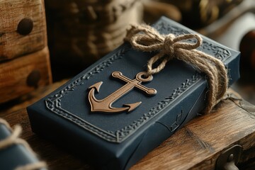 A navy blue gift label with a nautical theme and an anchor illustration