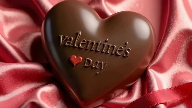 Glossy heart-shaped chocolate with embossed Valentine&rsquo;s Day lettering on silky red fabric &mdash; festive sweet made with love, ideal for romantic celebrations and eco-luxury holiday packaging