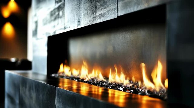 Modern fireplace ambiance in luxurious interior with soothing flames illuminating room