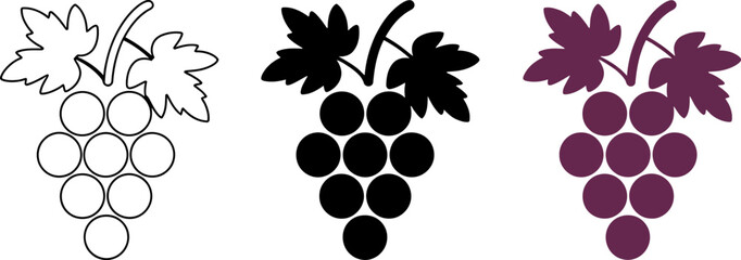Vector grapes illustration set black outline purple grape bunch fruit drawing grape leaves design 100 editable stock vector
