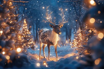 A noble reindeer standing in the middle of a magical winter clearing floating spell books glowing
