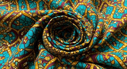 Luxurious Teal and Gold African Wax Print Fabric Swirl