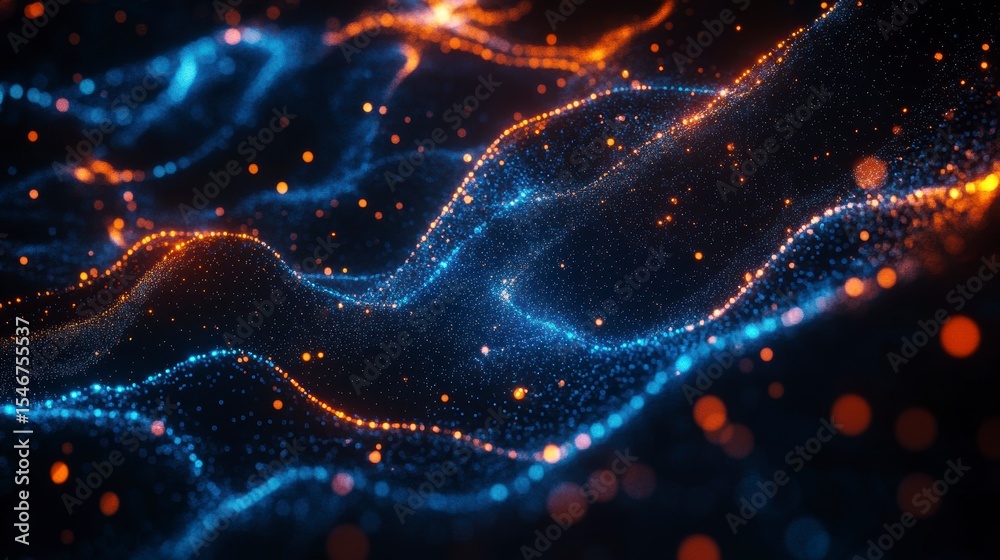 Poster abstract blue and orange glowing particle waves on dark background.