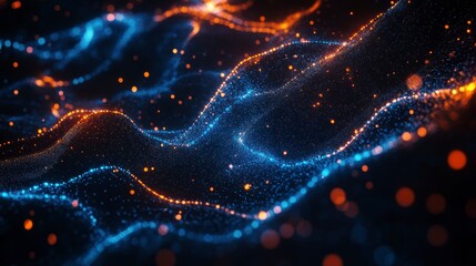 Fototapeta premium Abstract blue and orange glowing particle waves on dark background.