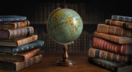 Old geographical globe and old book in cabinet with bookselfs. Science, education, travel background. History and geography team. Ancience, antique globe on the background of books.