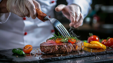 Chef in hotel or restaurant kitchen cooking only hands. Prepared beef steak with vegetable decoration.