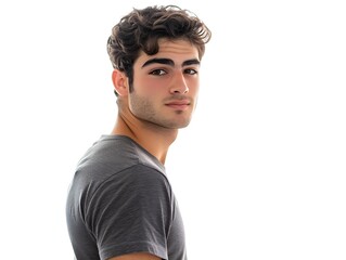 Portrait of a handsome young man with curly hair looking back