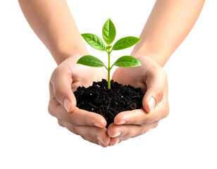 Hands holding plant seedling in soil concept of care growth and new life environment and nature 100 png isolated on transparent packground
