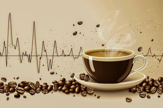 Steaming cup of coffee with coffee beans and a heartbeat line in the background