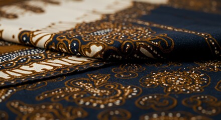 Close-up of Luxurious Batik Fabric in Deep Blue and Gold Hues