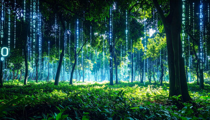 Fototapeta premium Lush green forest bathed in sunlight, with ethereal binary code cascading from the canopy, creating a mystical blend of nature and technology