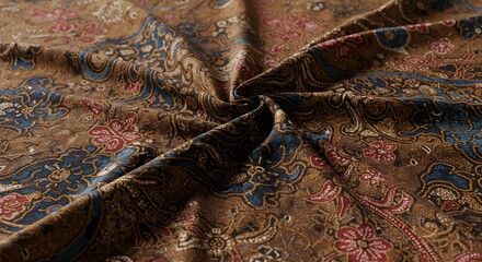 Luxurious Brown and Blue Batik Fabric with Intricate Floral Patterns
