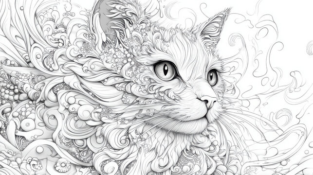 An adult coloring page shows a cat&rsquo;s head decorated with a detailed mandala pattern on its face. The clean line art, without shading, is set on a white background, perfect for coloring book designs.