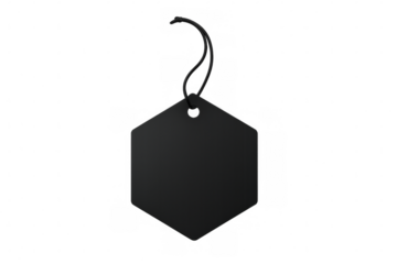Black hexagonal label dangling from thin string, suspended against transparent backdrop, highlighting minimal branding design