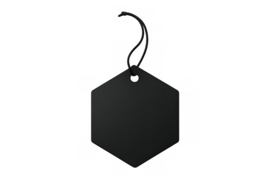 Black hexagonal label dangling from thin string, suspended against transparent backdrop, highlighting minimal branding design
