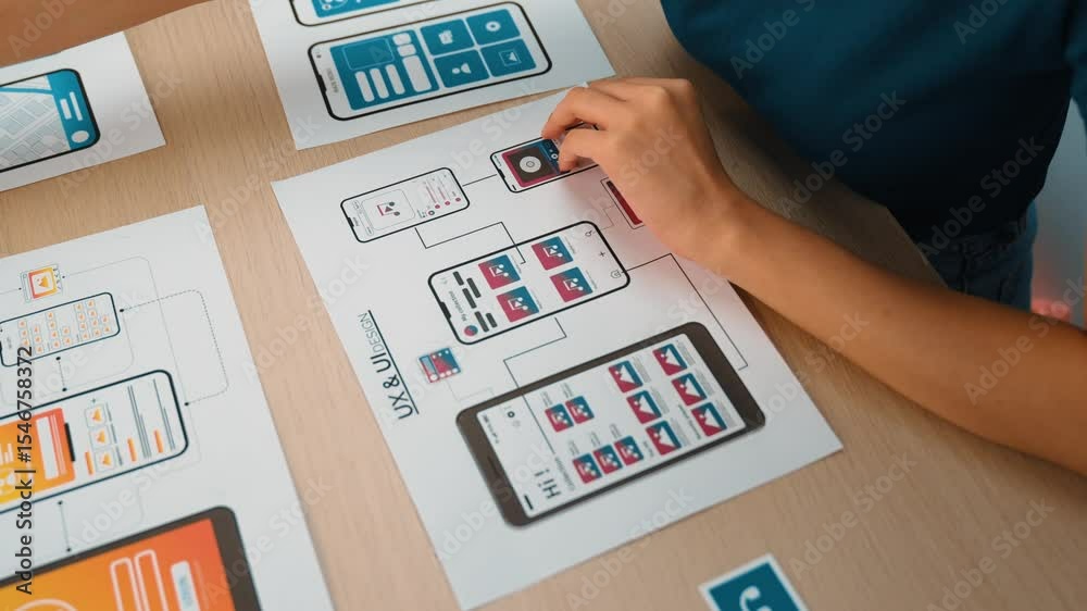 Poster startup company employee planning for user interface prototype for mobile application or website in 