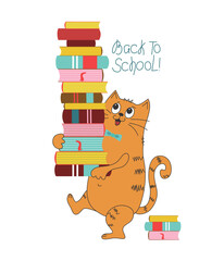 Cartoon cat with a big stack of books. Slogan Back to school, hand lettering. Knowledge day, study, school. World book day, copyright. Reading, literacy concepts.