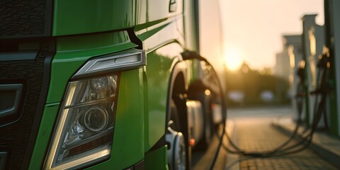 Close-up of a green electric truck charging at a station during sunset. Modern transportation concept highlighting eco-friendly logistics and sustainable energy use.