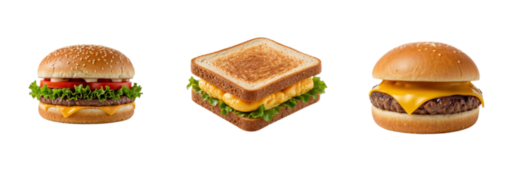 Three types of fast food sandwiches on white background  