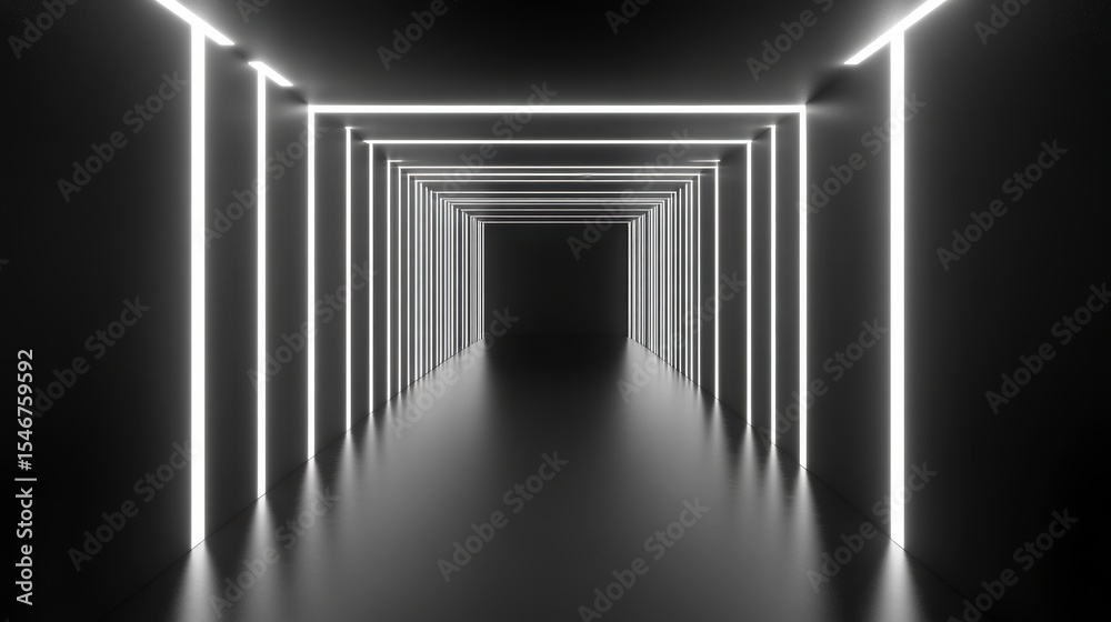 Poster abstract dark corridor with bright neon lights, glowing lines receding into the distance.