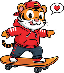 Adorable cartoon tiger skateboarding with red hoodie and cap vector illustration