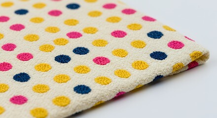 Close-up of Cream-Colored Fabric with Embroidered Polka Dots in Yellow, Pink, and Blue
