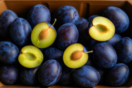  Fresh Blue Plums with Halved Fruit – Rustic Market Close-Up