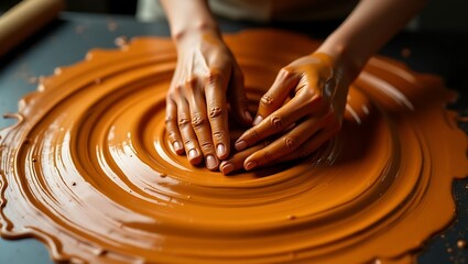 Hands shaping wet clay on pottery wheel