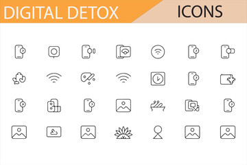 A set of vector icons representing digital detox concepts including phone distractions, airplane mode, , relaxation, nature, and screen-free activities, ideal for wellness, health, and digital