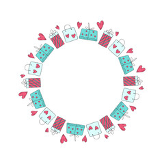Round frame, banner with a set of gifts, hearts, holiday packaging. Gift boxes, packages. Drawing, doodle. Bright background for design for a wedding, birthday.