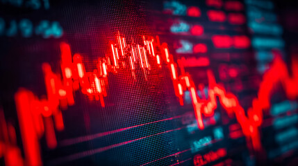 Stock market decline with red candlestick chart and digital display